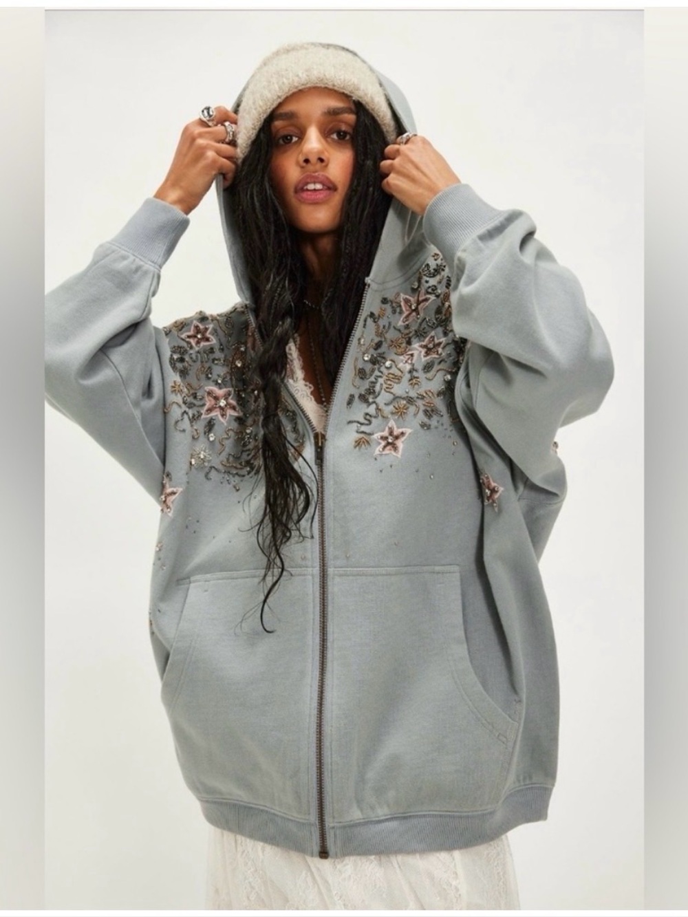 Free People Glitter Oversized Zip Hoodie
